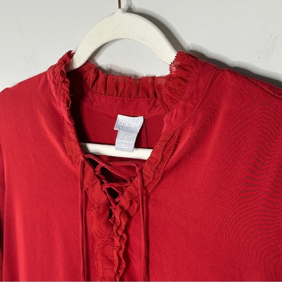 Chicos Size 2 Large Sandwashed Satin Ruffle Blouse Orange Red Lace Up Blouse Top - Picture 6 of 13